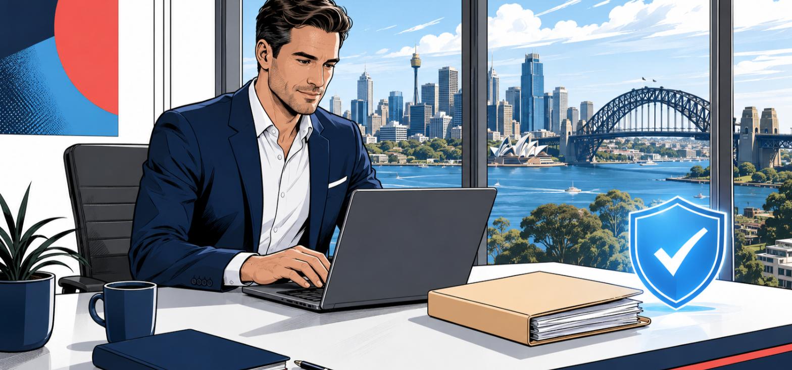 Comic-style illustration of a mortgage broker documenting a client file on a laptop, a compliance checklist and shield icon beside them, city skyline through the window