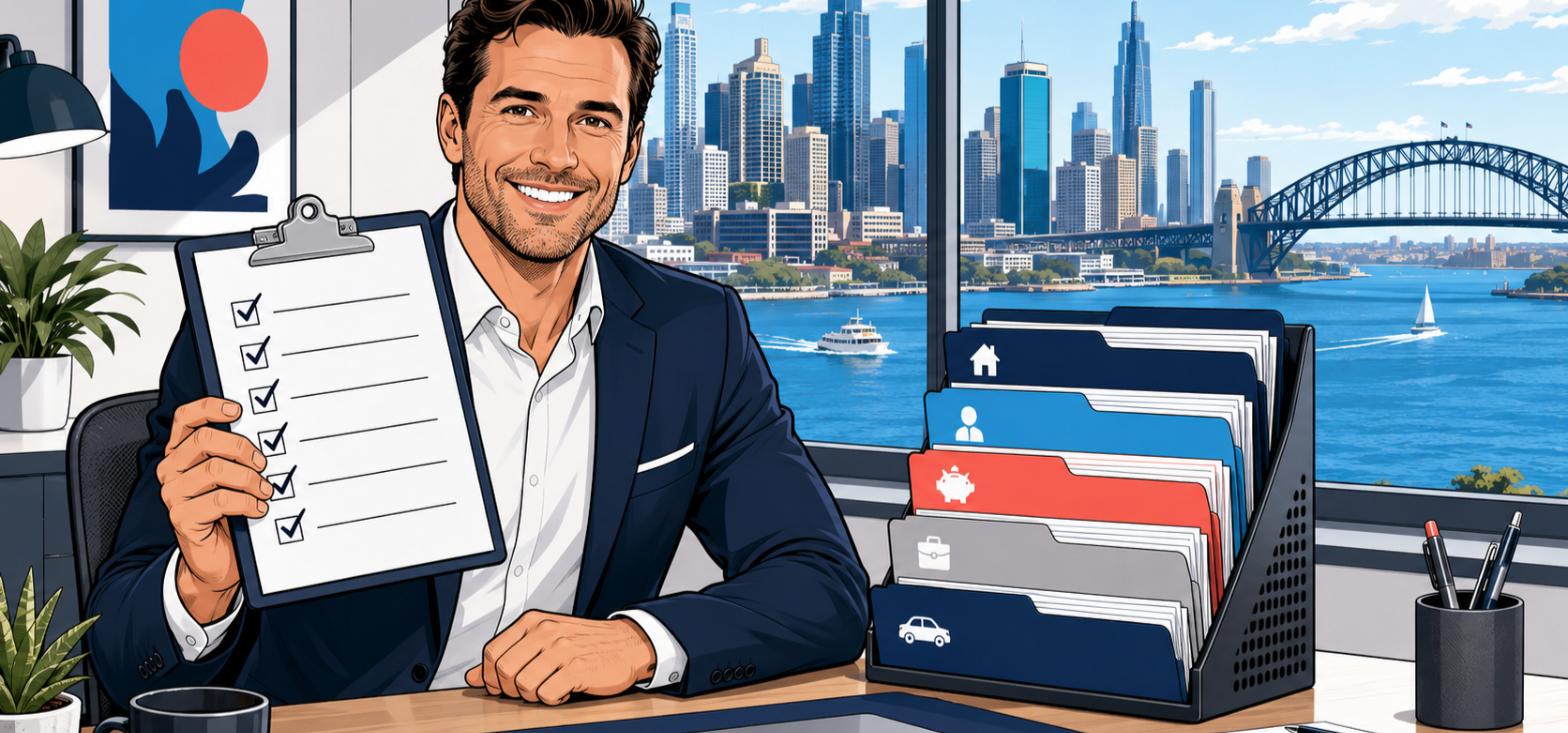 Comic-style illustration of a mortgage broker with a tidy stack of neatly organised client documents and a checklist, city skyline through the window