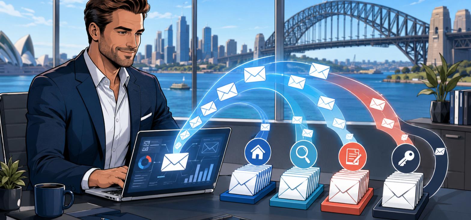 Comic-style illustration of an Australian mortgage broker at a laptop with a stream of email envelopes organising into stages of the home-loan journey, city skyline behind