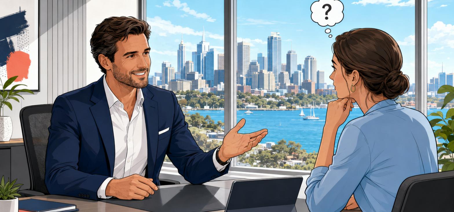 Comic-style illustration of a confident Australian mortgage broker calmly addressing a client's concerns across a desk, city skyline behind