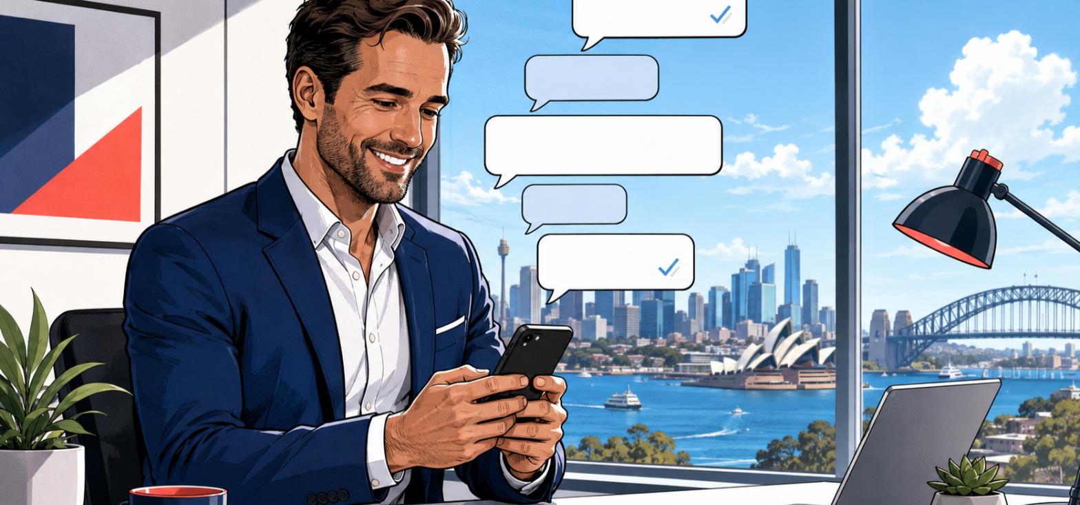 Comic-style illustration of an Australian mortgage broker sending text messages from a phone, speech bubbles floating over a city skyline