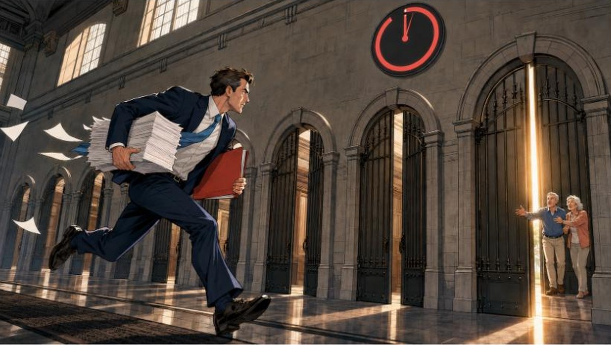 Comic-style illustration of a mortgage broker sprinting with a stack of SMSF loan paperwork through a row of heavy archway gates closing one after another, a countdown clock near midnight overhead, and an older couple waiting beyond the last narrow gap of light.