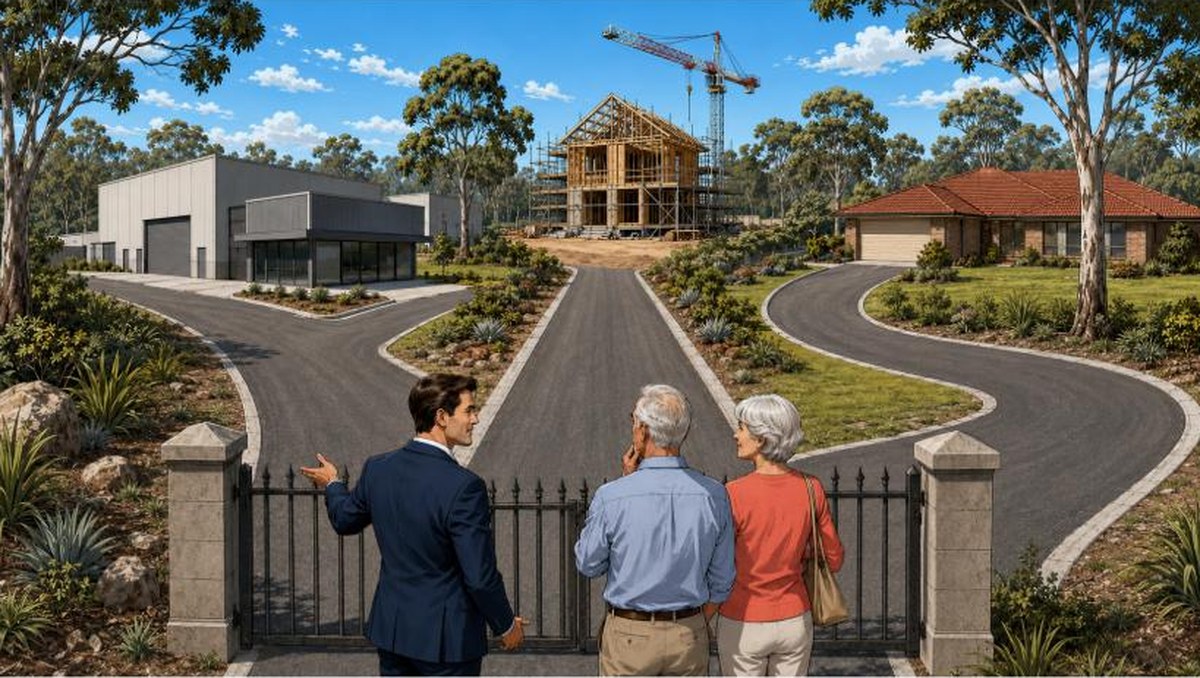 Comic-style illustration of a mortgage broker and an older couple standing at a three-way fork in an Australian suburban road, with a commercial warehouse on the left, a new house under construction with a crane in the centre, and an established brick-and-tile house reached by a looping road on the right, and a closed iron gate behind them.