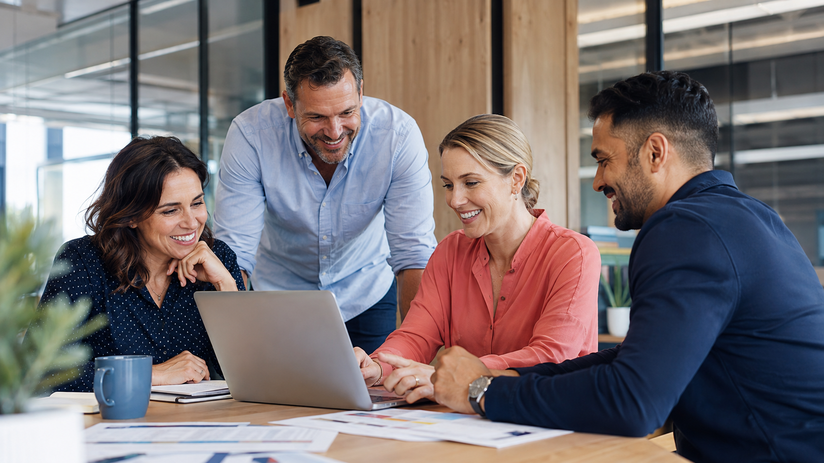 Happy Australian mortgage broker team collaborating around a laptop