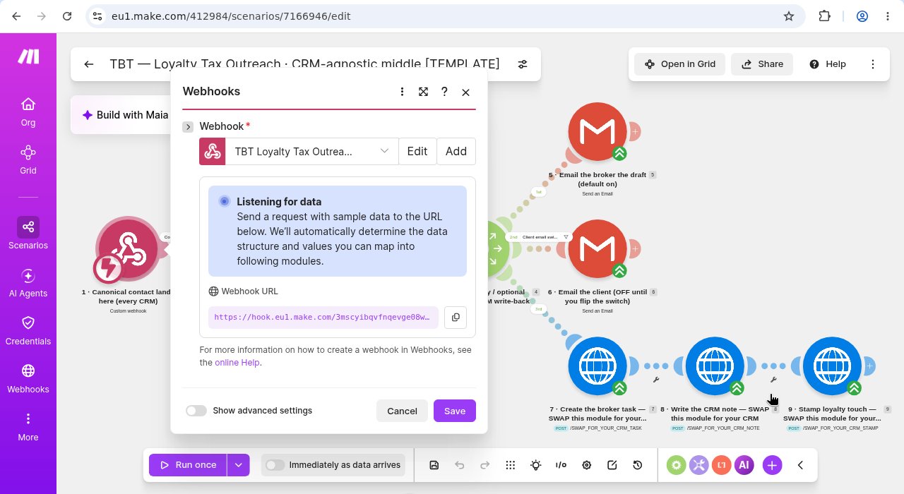 Make.com webhook module for TBT Loyalty Tax Outreach, listening for data with the hook URL on the canvas