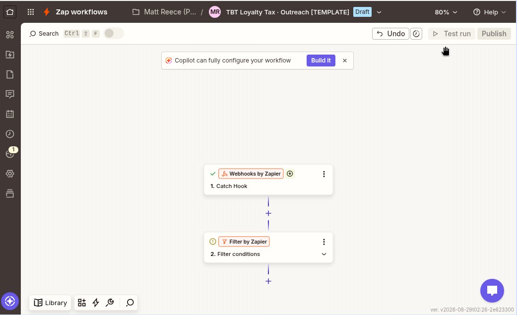 Zapier editor for TBT Loyalty Tax Outreach template: Catch Hook trigger then Filter conditions