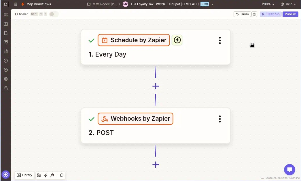 Zapier editor for TBT Loyalty Tax Watch HubSpot template: Schedule every day then Webhooks POST