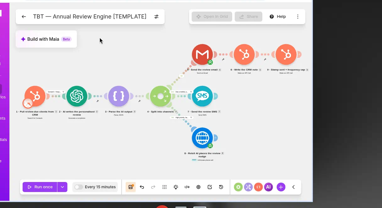 The outbound AI review engine on the Make canvas