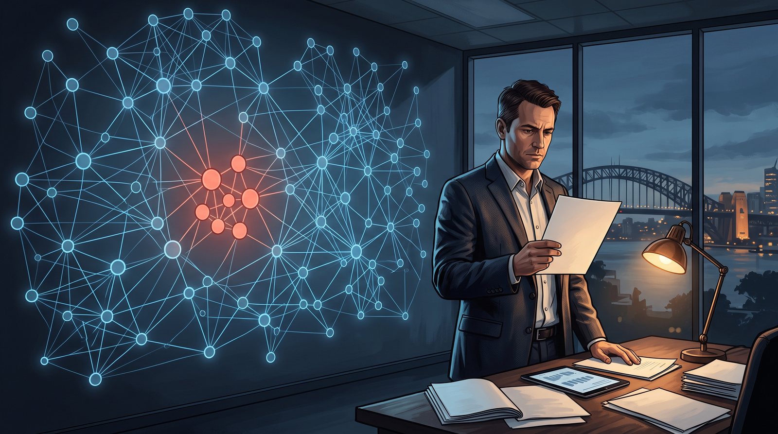 Editorial illustration of a broker at night beside a large network of dormant client records, with one cluster lit up in red
