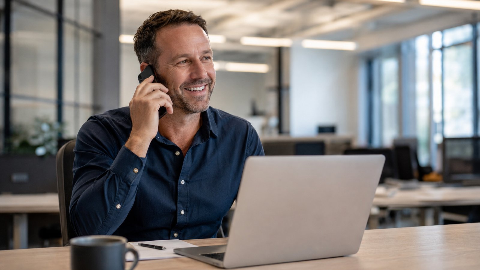 A broker smiling while taking a phone call at his desk