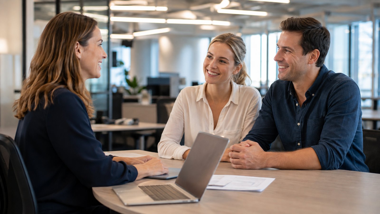 A broker going through numbers with a young couple across a desk