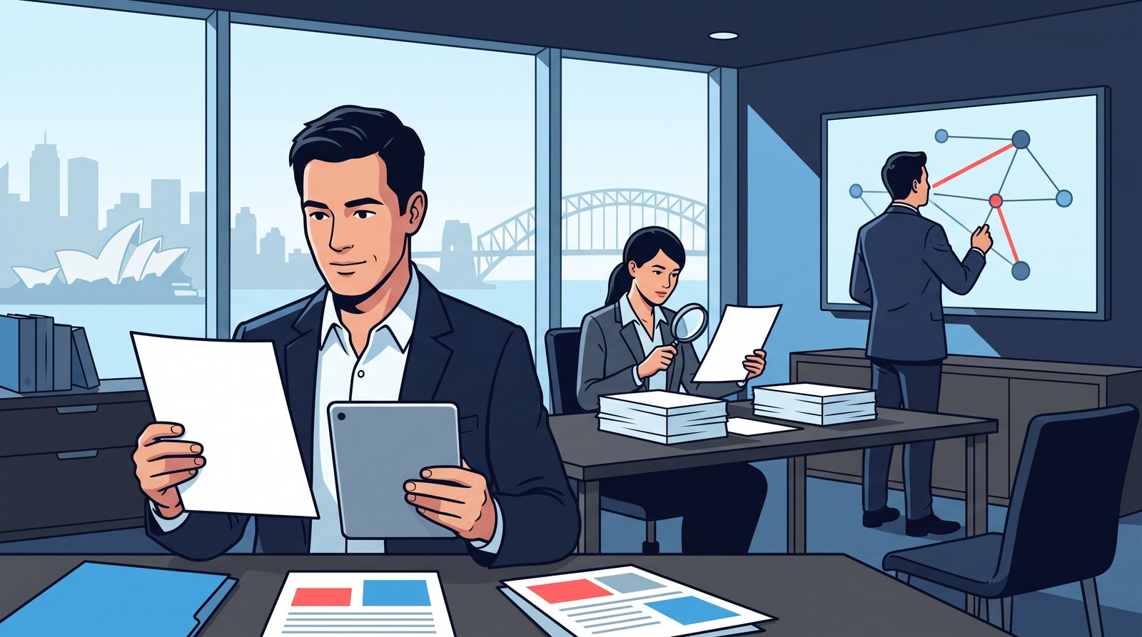 Editorial illustration of an Australian broking team at work with Sydney Harbour visible through the office windows