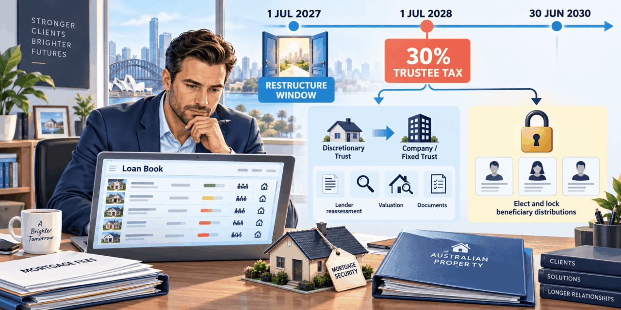 A 30% Trustee Tax Starts 1 July 2028. The Three-Year Restructure Window Opens First — and It Runs Through Your Loan Book