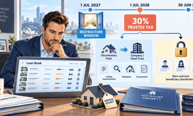 A 30% Trustee Tax Starts 1 July 2028. The Three-Year Restructure Window Opens First — and It Runs Through Your Loan Book