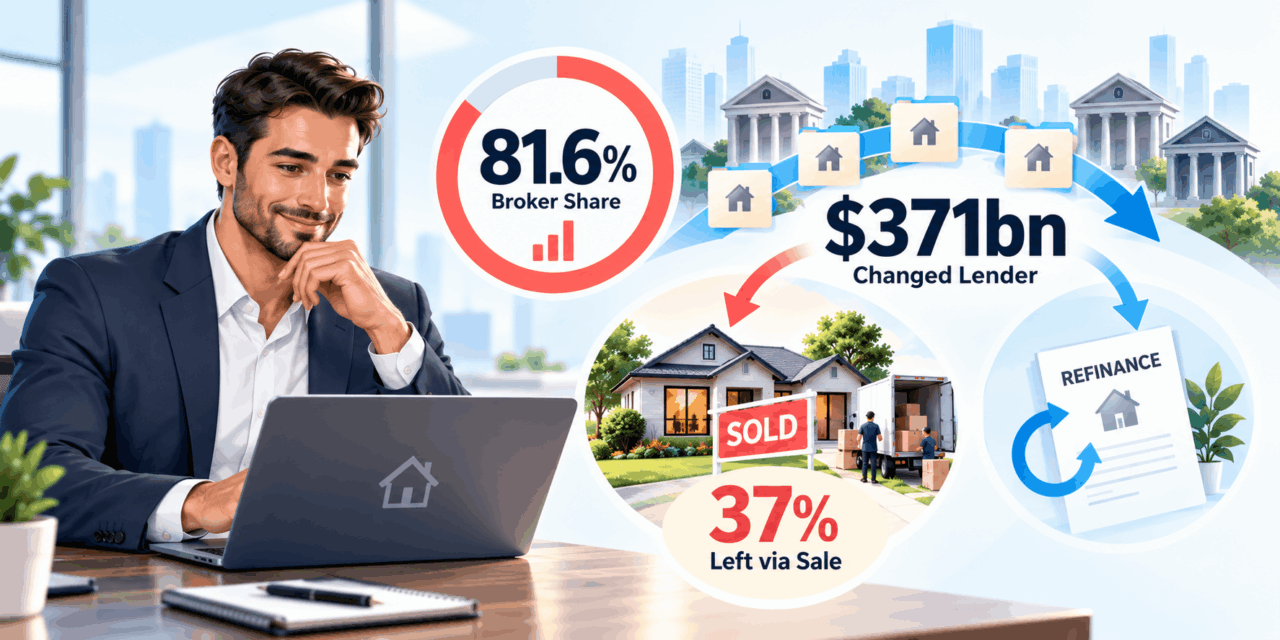 Brokers Hit a Record 81.6% Share. The Same Year, $371bn Changed Lender — and 37% of It Left Through a Sale, Not a Refinance