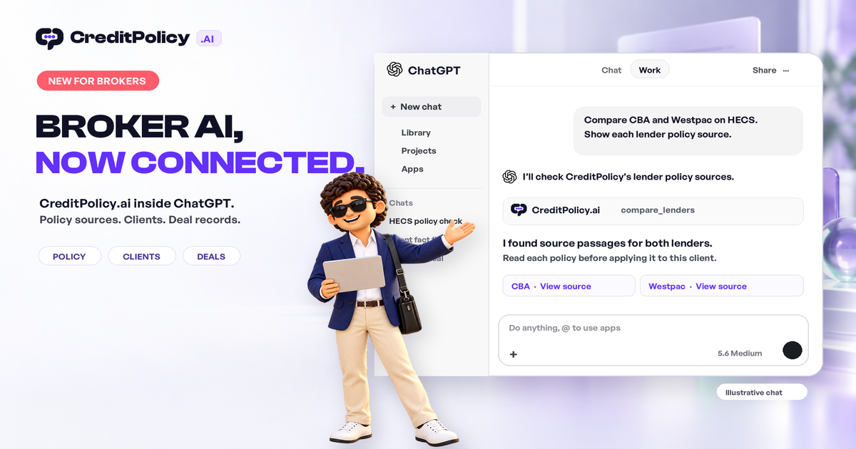 CreditPolicy.ai MCP connector in an illustrative ChatGPT conversation with Jack the mascot