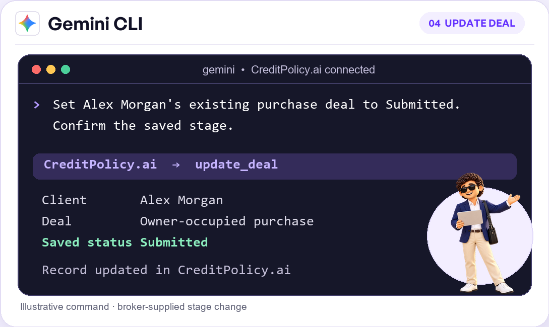 Illustrative Gemini CLI deal update using CreditPolicy.ai