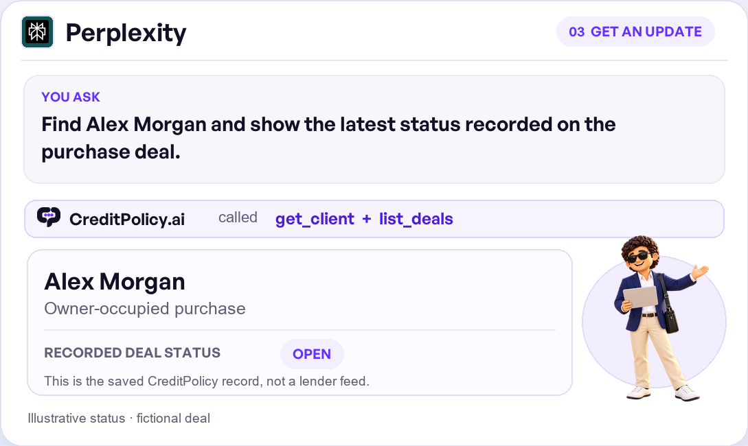 Illustrative Perplexity saved deal update using CreditPolicy.ai