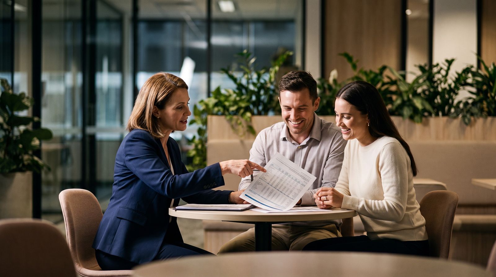 An Australian finance broker going through finance options with a client couple