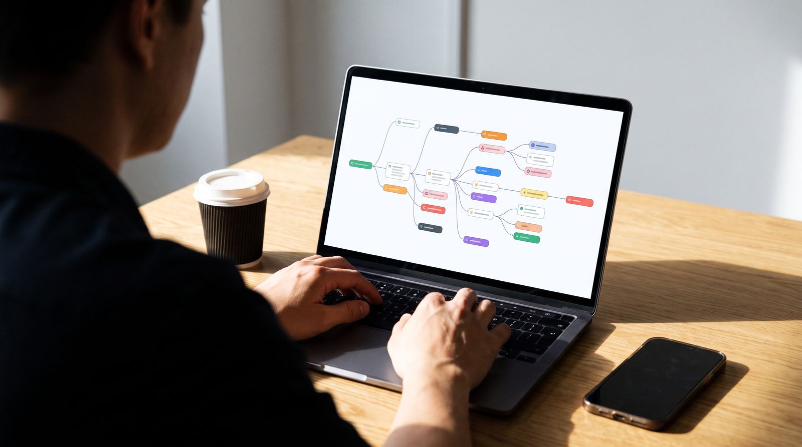 A broker looking at the imported Make scenario on a laptop, modules already wired