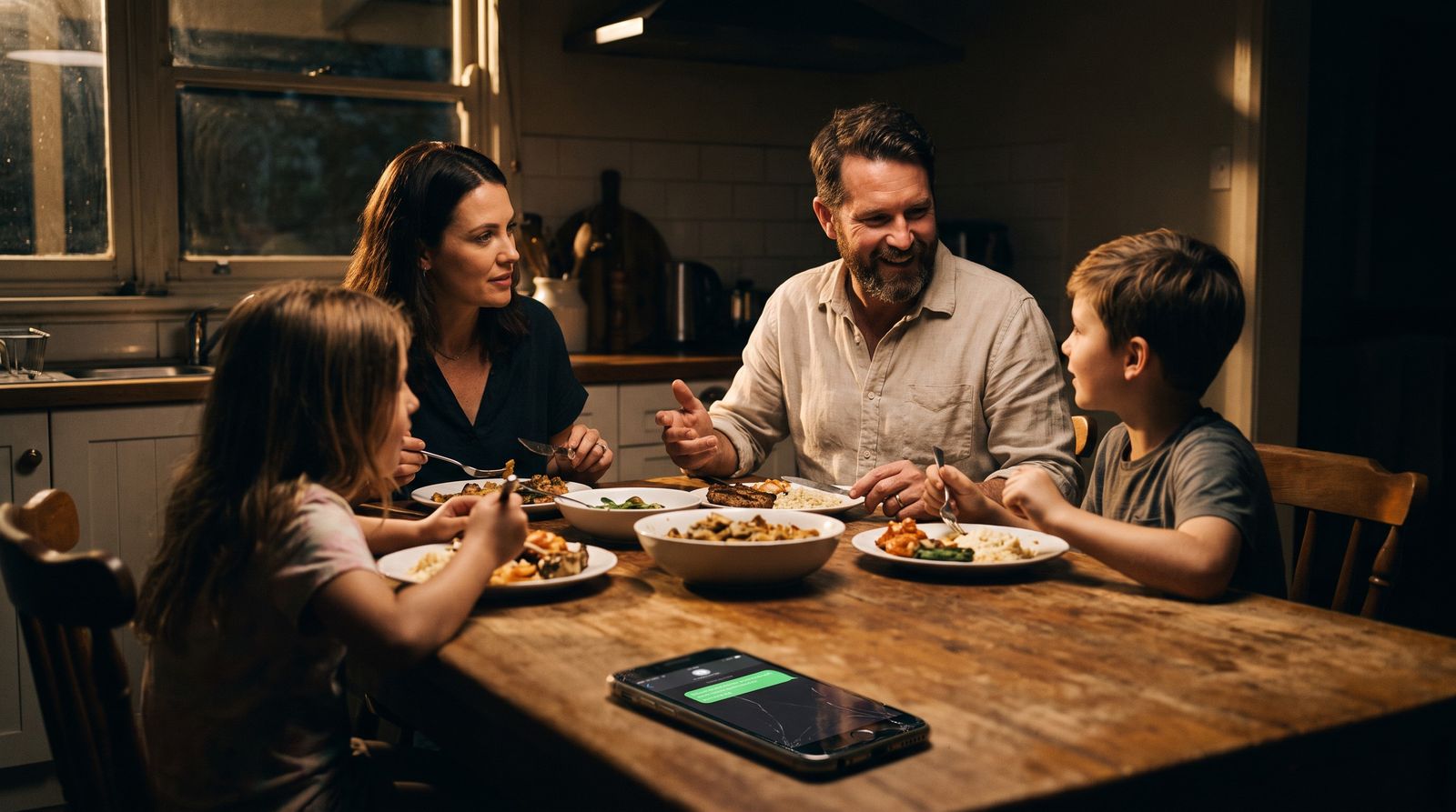 A family eating dinner together while a WhatsApp enquiry arrives on the phone on the table