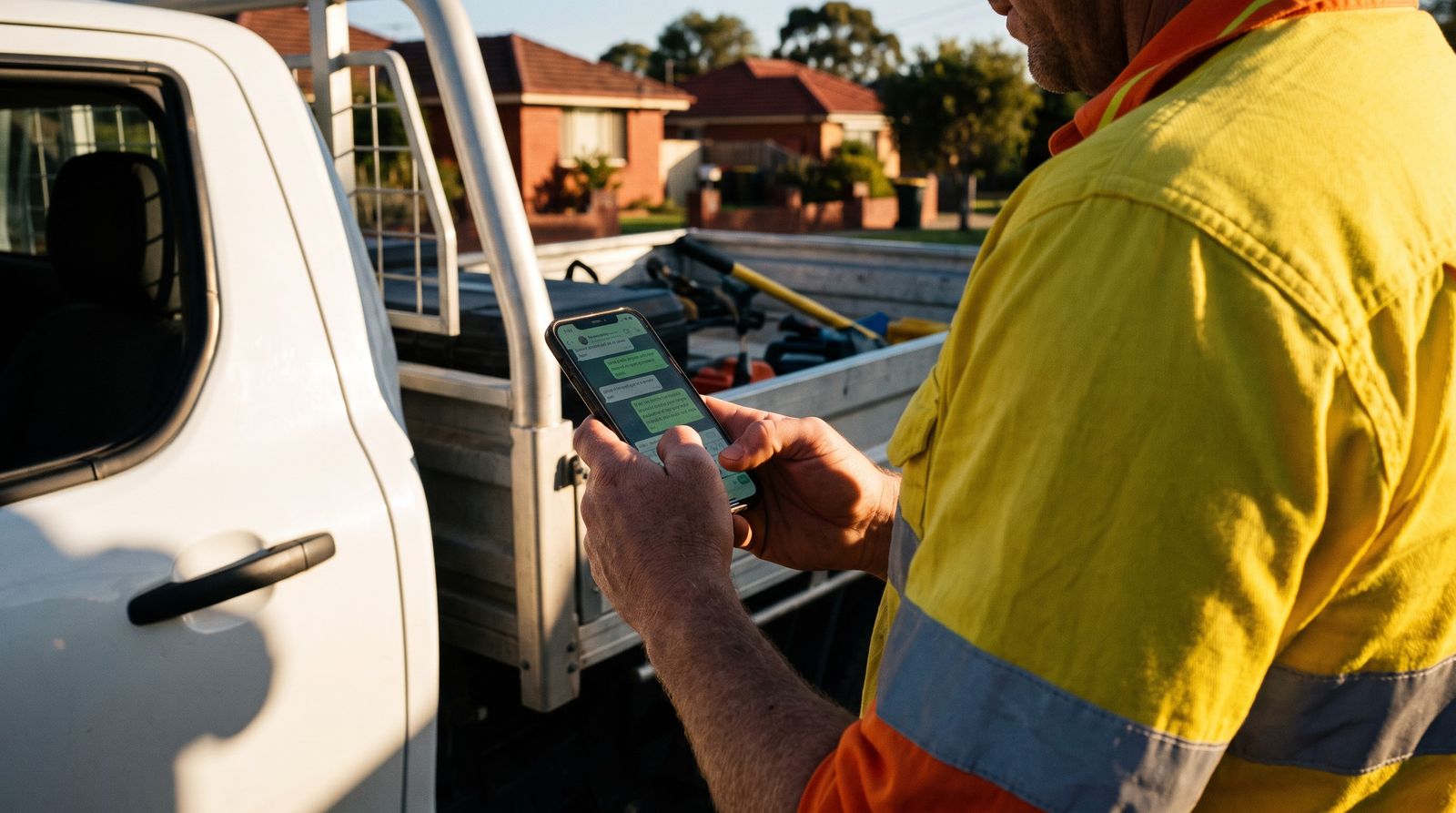A tradesperson beside a work ute messaging a broker on WhatsApp in the late afternoon