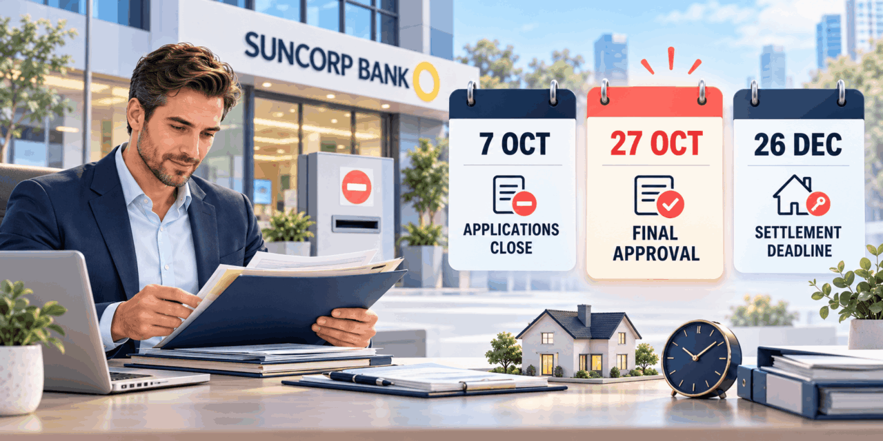 Suncorp Bank Stops Accepting New Lending Applications on 7 October. Approval Closes 27 October and Settlement 26 December