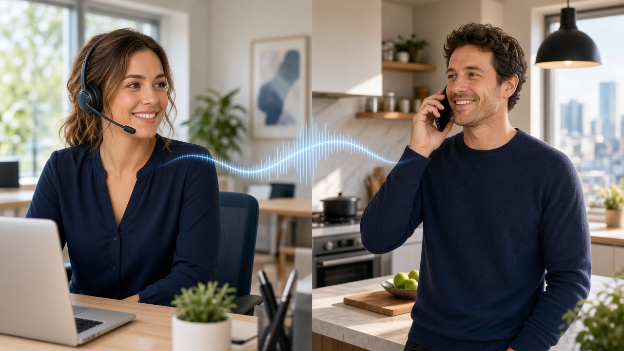Illustration: an AI receptionist on a headset answering a caller on the phone